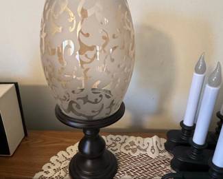Frosted Glass Hurricane Lamp with Ornate Scroll Design