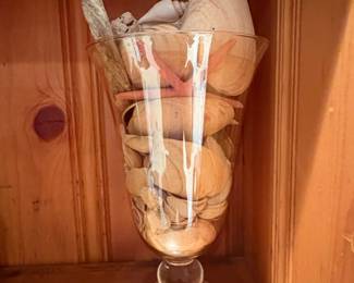 Large Glass Hurricane Vase Filled with Assorted Seashells and Starfish