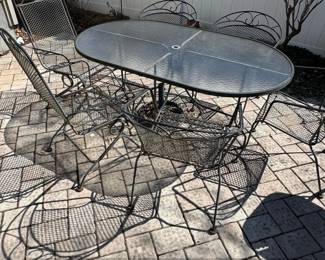 Vintage Russell Woodard Wrought Iron Patio Set with Glass Tabletop