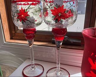 Pair of Christmas Poinsettia Hurricane Candle Holders