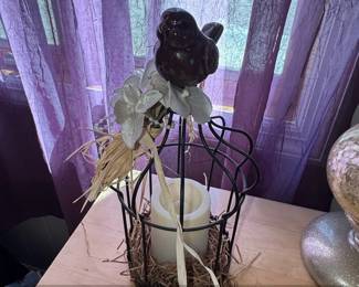 Decorative Bird Cage Candle Holder with Faux Flowers and Candle