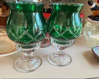 Emerald Green Cut Glass Hurricane Candle Holders Set of