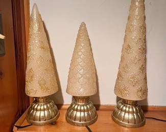 Set of Vintage Lighted Glittered Christmas Cone Trees