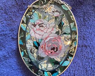 Oval Stained Glass Panel with Roses