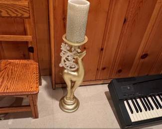 Gold Tone Reindeer Candlestick Holder with Glitter Candle