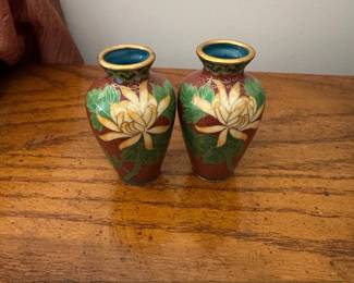 Pair of Vintage Chinese Cloisonn Vases with Chrysanthemum Motif