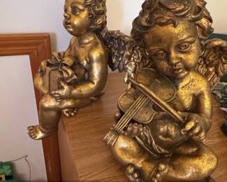 Vintage Cherub Angel Figurines with Violin and Gift  Gilded Plaster