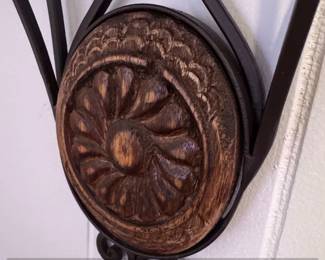 Vintage Ornate Decorative Half Round Wrought Iron Wall Shelf with Carved Wood Accents  Set of second image