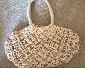 Cream Macrame Tote Bag with Floral Detail and Cane Handles