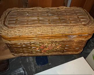 Vintage Wicker Sewing Basket with Floral Decal and Rope Trim