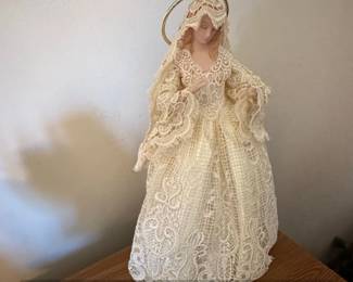 Vintage Porcelain Angel Figurine with Lace Dress and Halo