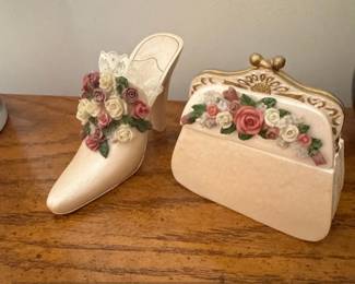 Decorative Resin Shoe and Purse Trinket Box Set with Floral Embellishments