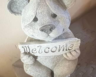 Concrete Teddy Bear Holding Welcome Sign Garden Statue