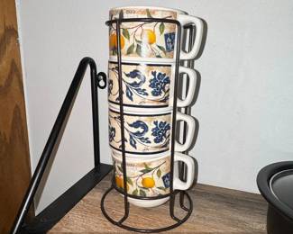 Set of Limoni Italian Ceramic Espresso Cups and Saucers with Rack