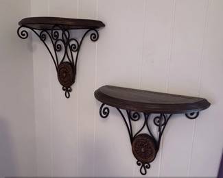 Vintage Ornate Decorative Half Round Wrought Iron Wall Shelf with Carved Wood Accents  Set of