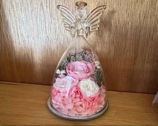 Glass Angel Figurine with Preserved Roses and Hydrangeas
