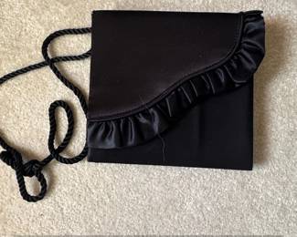 Black Satin Evening Clutch with Ruffle Detail