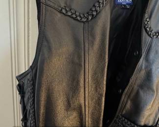 Mens Black Leather Biker Vest with Braiding third image