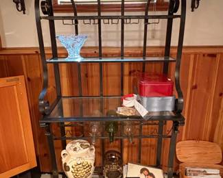 Wrought Iron Bakers Rack with Glass Shelves and Wine Glass Holders
