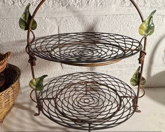 Vintage TwoTiered Wire Fruit Stand with Leaf Accents
