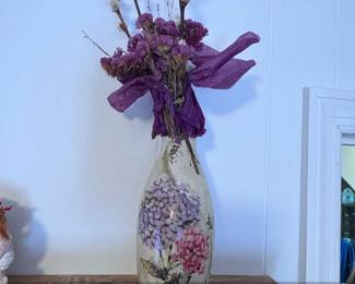 Vintage Decoupage Glass Bottle Vase with Hydrangea Motif
