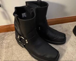 Mens Black Leather Square Toe Harness Motorcycle Boots