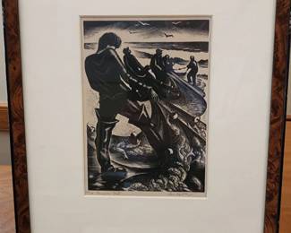Clare Leighton, wood engraving, Dragging Nets, $900