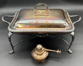 Vintage Silver Plate Footed Buffet Lidded Casserole Dish & Oil Heater