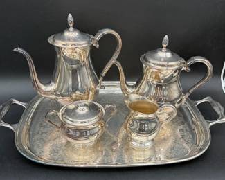 Vintage Silver Plate Tray, Teapot, Coffee Pot, Creamer & Sugar Bowl