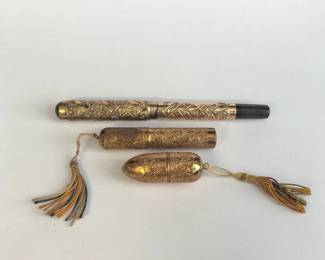 Antique Gold Tone Metal Travel Kit Accessories * Fountain Pen * Nail Care * Sewing