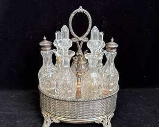 Antique Cruet * Condiment Set With Silver plate Metal Caddy