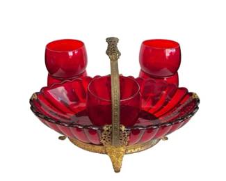 Vintage Red Glass * Gold Tone Filigree Metal Serving Dish * 5 Dessert Tumblers