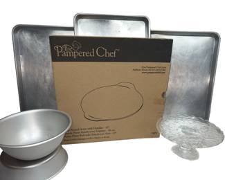 Pampered Chef Baking Stone Round Original Box + Heavy Aluminum Baking Pans