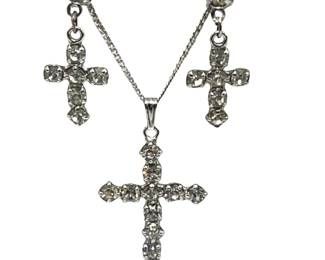Sterling Silver Cross Necklace & Earrings Set Crystal Rhinestone Pierced