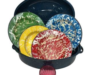 Antique Marbled Enamelware Plates RBYG+Graniteware Roaster