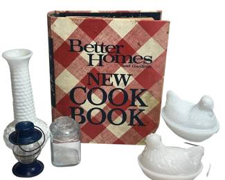 Hens on Nest Hazel Atlas Lantern Candy Holder Brody Hobnail Vase + Cook Book