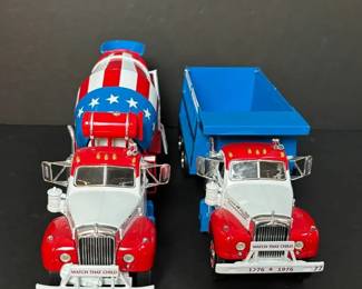 2 Diecast Metal Bicentennial Red White and Blue Dump and Cement Trucks