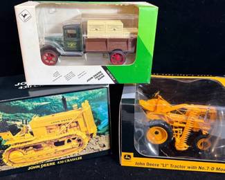 3~ JOHN DEERE Diecast Models * 430 Crawler; LI Tractor & 7-D Mower; ‘31 Delivery Truck Bank