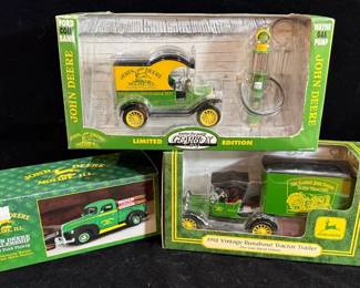 NIB Diecast Model JOHN DEERE 1940 FORD Pickup; 1918 Tractor Trailer; Lim. Ed. 1912 FORD CoinBank