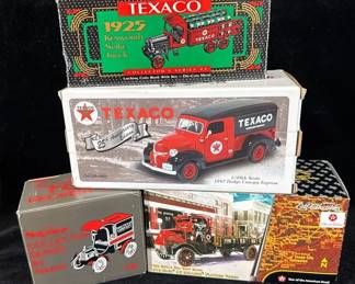 4~ NIB TEXACO Diecast CoinBanks * ‘47 Dodge Canopy; Nostalgic FORD; ‘18 MACK Bulldog; ‘25 StakeTruck