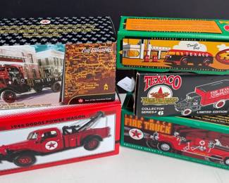 5~ NEW Texaco Diecast Banks * MACK Flatbed & Lubricant Trucks; 1946 Tow Truck; Tanker & Fire Truck