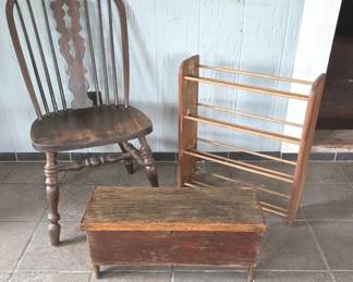 Vintage Wooden Chair, Storage Rack And Blanket Chest