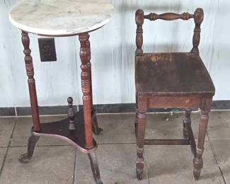 Vintage Eastlake Style Marble Top Side Table With Matching Wood Stool