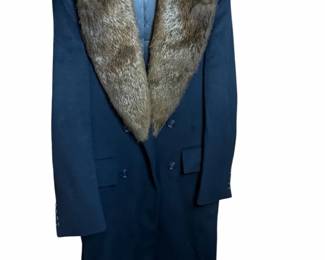 Vintage Malcolm Kenneth Mens Navy Wool Overcoat W  Brown Fur Collar