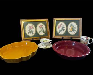 Beautiful Stoneware Casserole Dishes, Decorative Wall Art, And Tea Cups