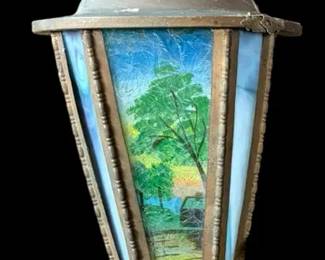 Vintage Aged Metal  Stained Glass Lantern