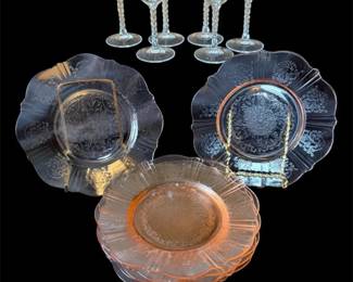 Vtg. MacbethEvans American Sweetheart Pink Salad Plates  Twisted Stem Cordials 