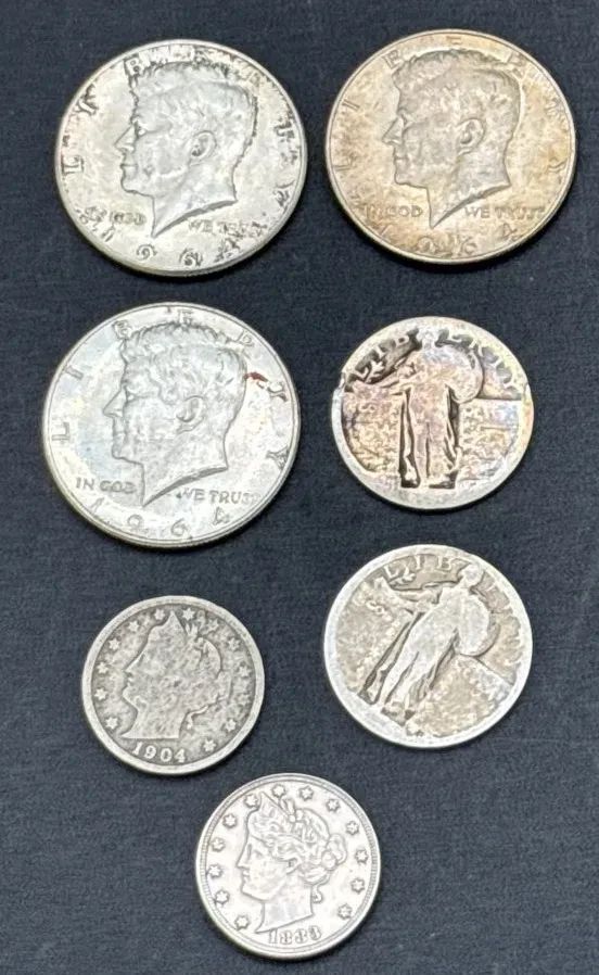 Vintage US Coins * 1883 Dime * 1904 Dime * 3 1964 Half Dollars * 2 Quarters Date Worn Off *