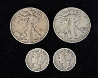 4 U.S Coins * 1937 & 42 Walking Liberty Half Dollars * 2 Mercury Dimes 1942 & 45