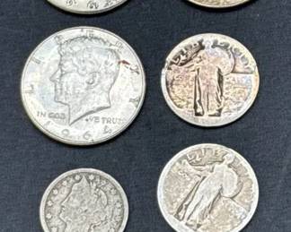 Vintage US Coins * 1883 Dime * 1904 Dime * 3 1964 Half Dollars * 2 Quarters Date Worn Off *